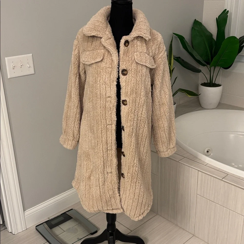 Beige Plush Long Shacket  - Women’s Cozy Teddy Jacket - Picture 2 of 5